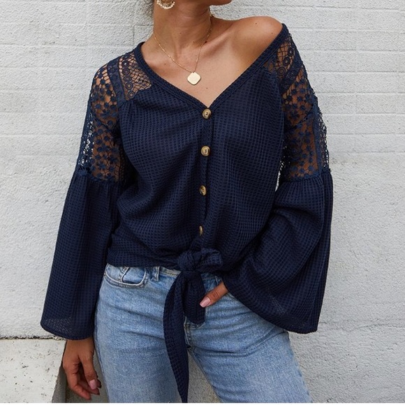 Tops - CLEARANCE Navy Crochet Waffle Knit Button Long Sleeve Top